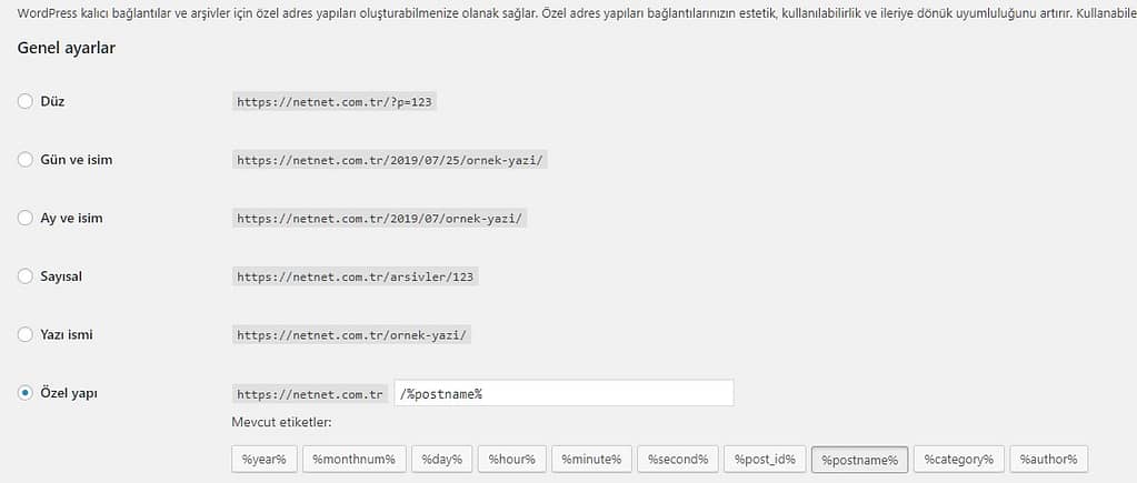 Wordpress Kalıcı Bağlantı Ayarları